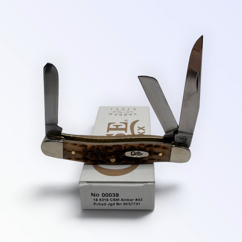Pigeon Roost Knives Case XX Medium Stockman pocket knife with amber bone handle and three carbon steel blades 00039