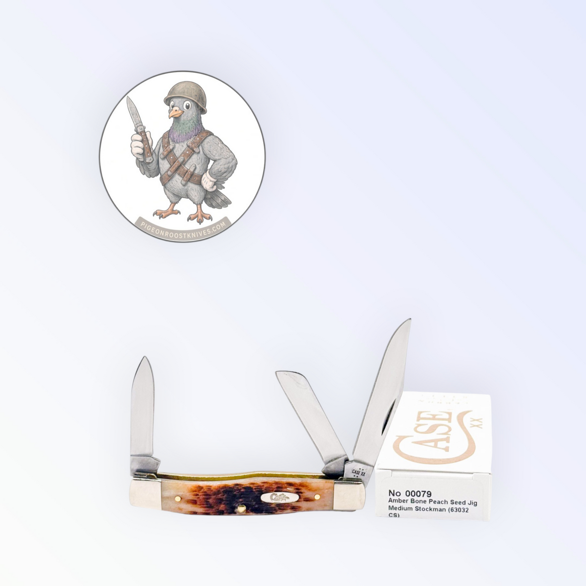 Pigeon Roost Knives Case XX Medium Stockman pocket knife with peach seed jigged amber bone handle and three blades.