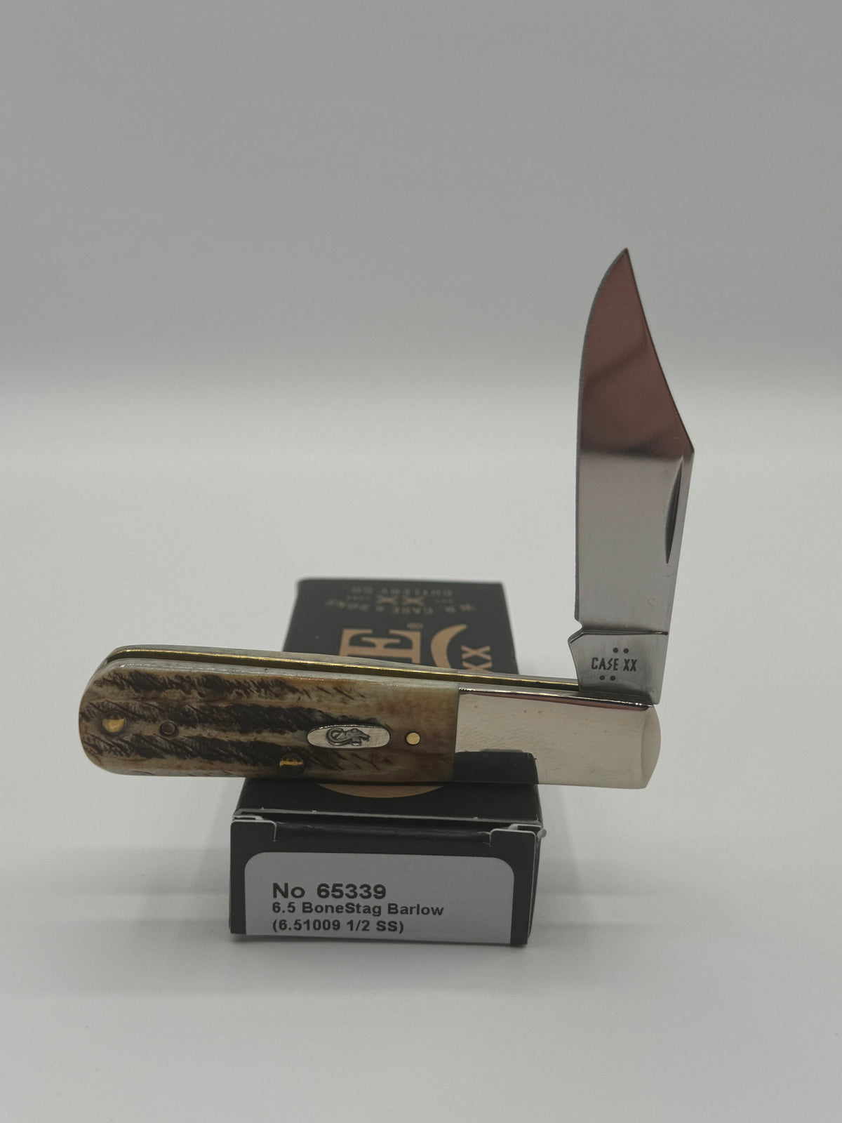 Case XX Barlow with 6.5 BoneStag, SKU 65339 — closed profile on the Case XX box