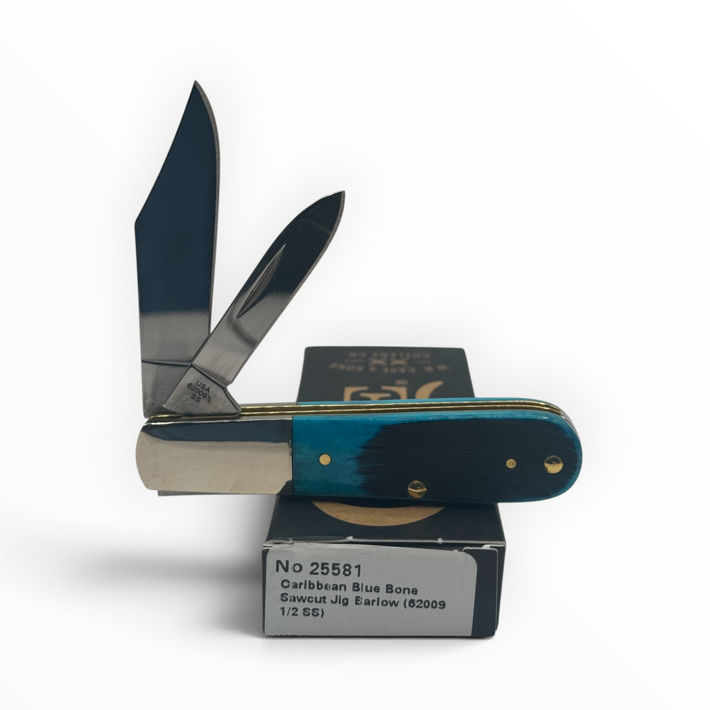 Pigeon Roost Knives Case XX Barlow pocket knife with Caribbean blue sawcut jigged bone handle and two steel blades.