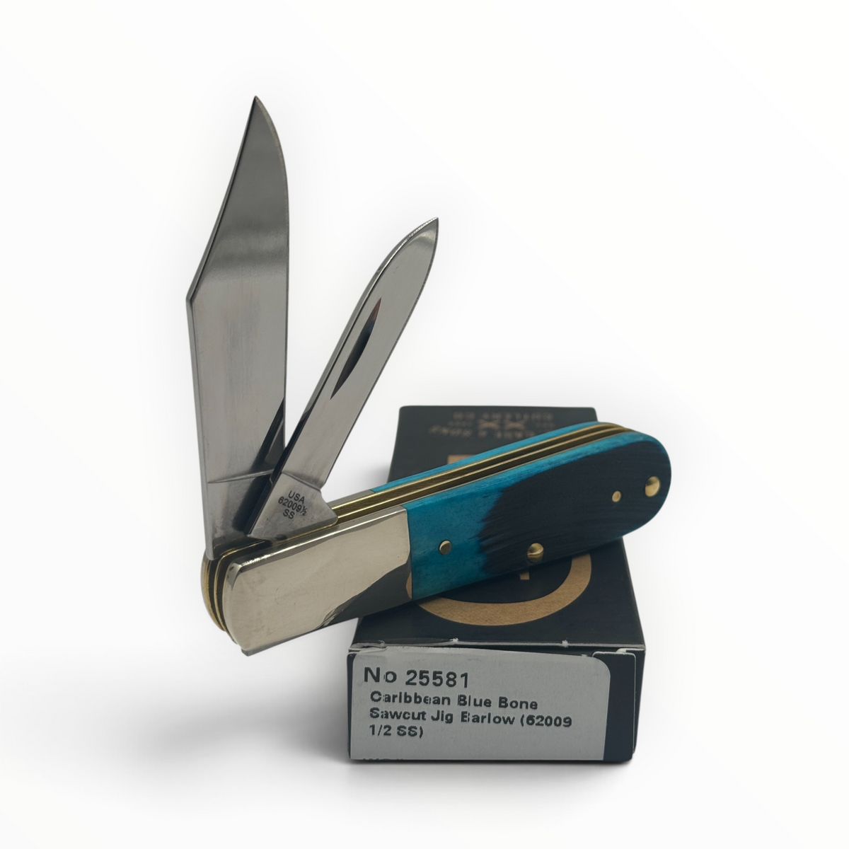 Pigeon Roost Knives Case XX Barlow pocket knife with Caribbean blue sawcut jigged bone handles and dual steel blades.