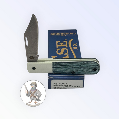 Case XX 10875 Barlow in Crossroads blue denim canvas with white G-10 — angled open view on Case XX packaging