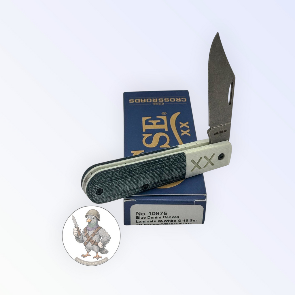 Barlow by Case XX in Crossroads blue denim canvas with white G-10 (10875), open on box with end label facing forward