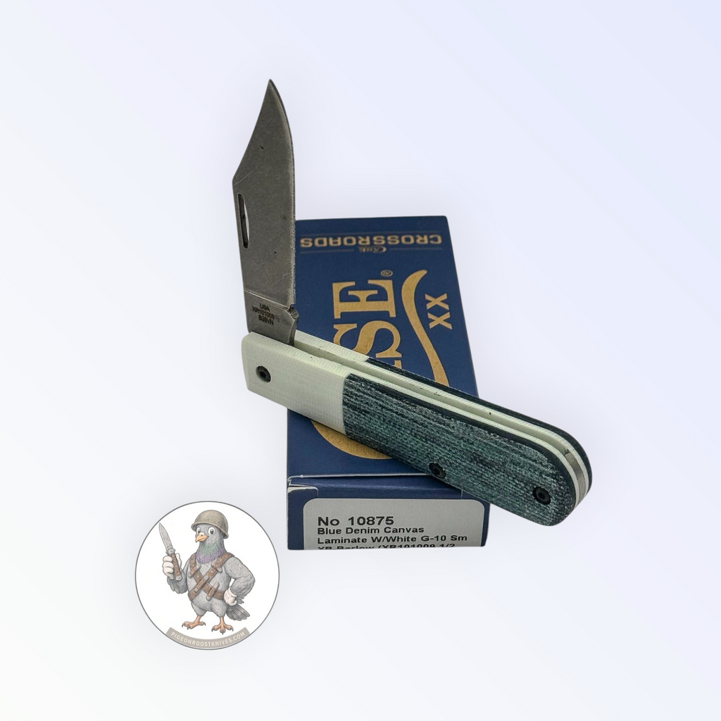 Case XX Barlow 10875: Crossroads blue denim canvas with white G-10, studio shot open atop the retail box