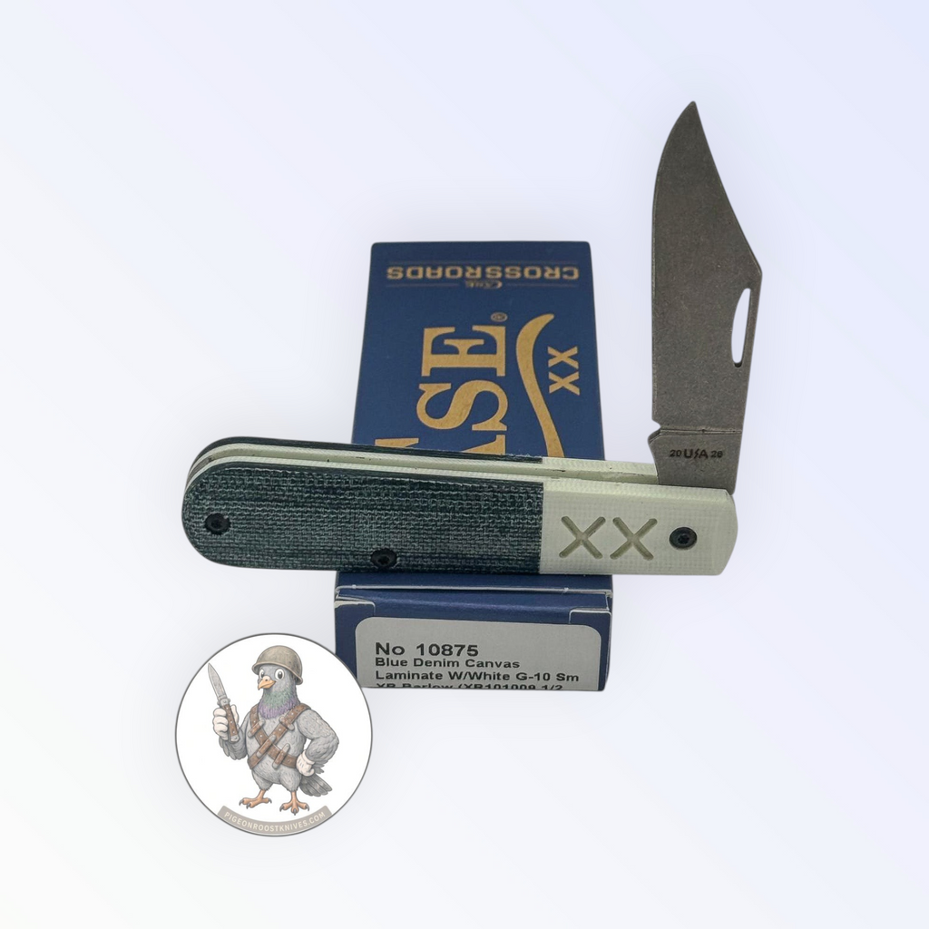 Case XX Barlow with Crossroads blue denim canvas with white G-10 and clip and pen blades, SKU 10875 — blades open resting on the factory box