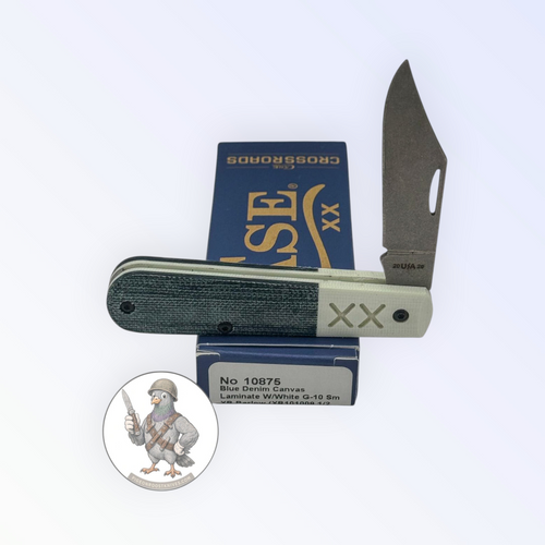 Case XX Barlow with Crossroads blue denim canvas with white G-10 and clip and pen blades, SKU 10875 — blades open resting on the factory box