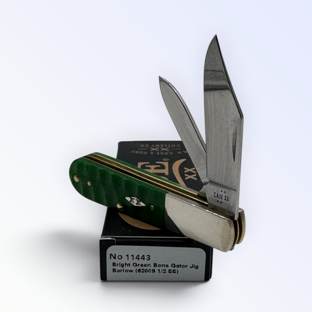 Case XX 11443 Barlow in bright green bone gator jig — angled open view on Case XX packaging