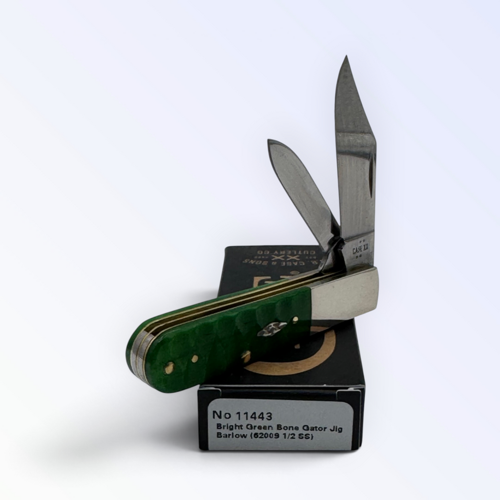 Barlow by Case XX in bright green bone gator jig (11443), three-quarter open shot showing handle and blades