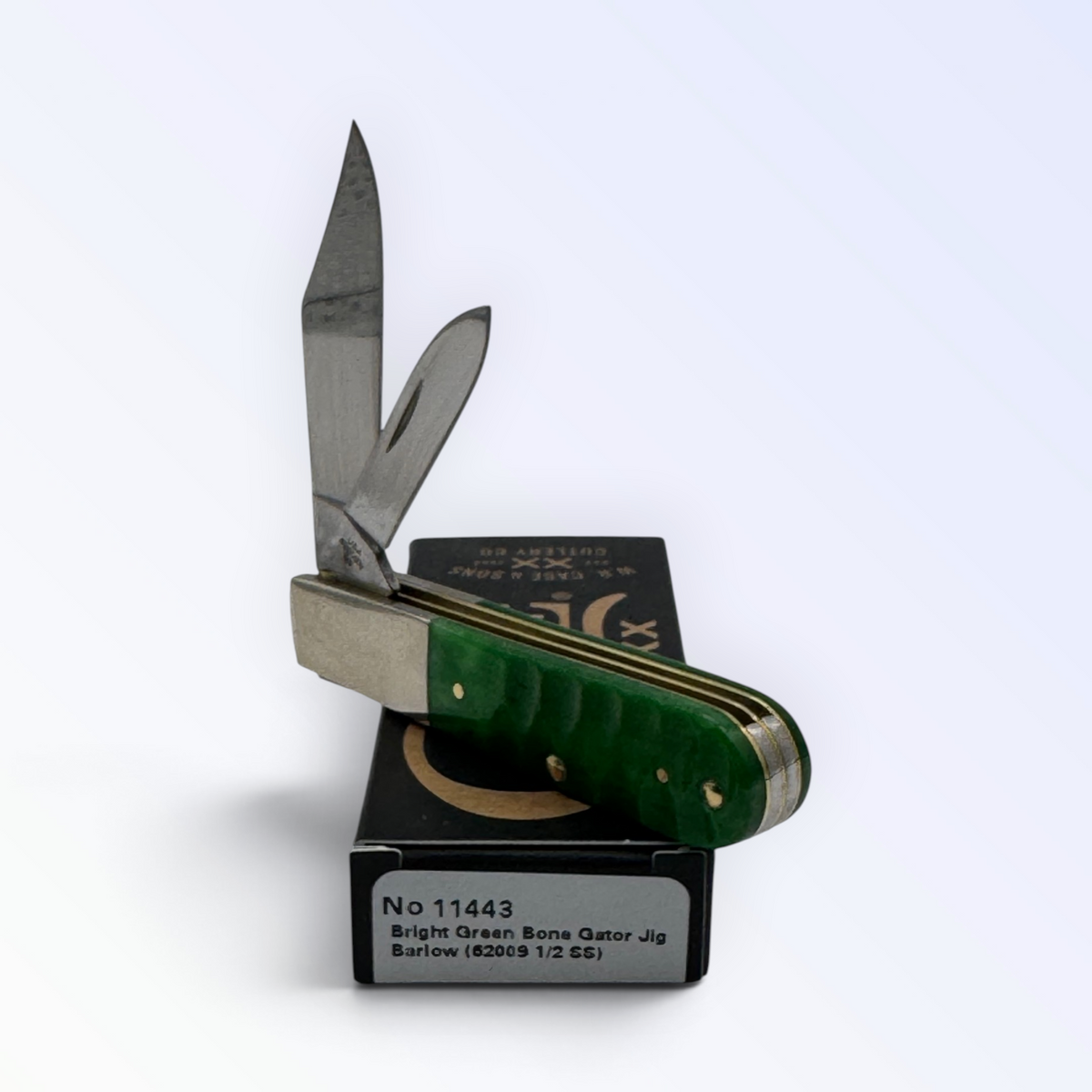 Case XX Barlow 11443: bright green bone gator jig, open on box with end label facing forward