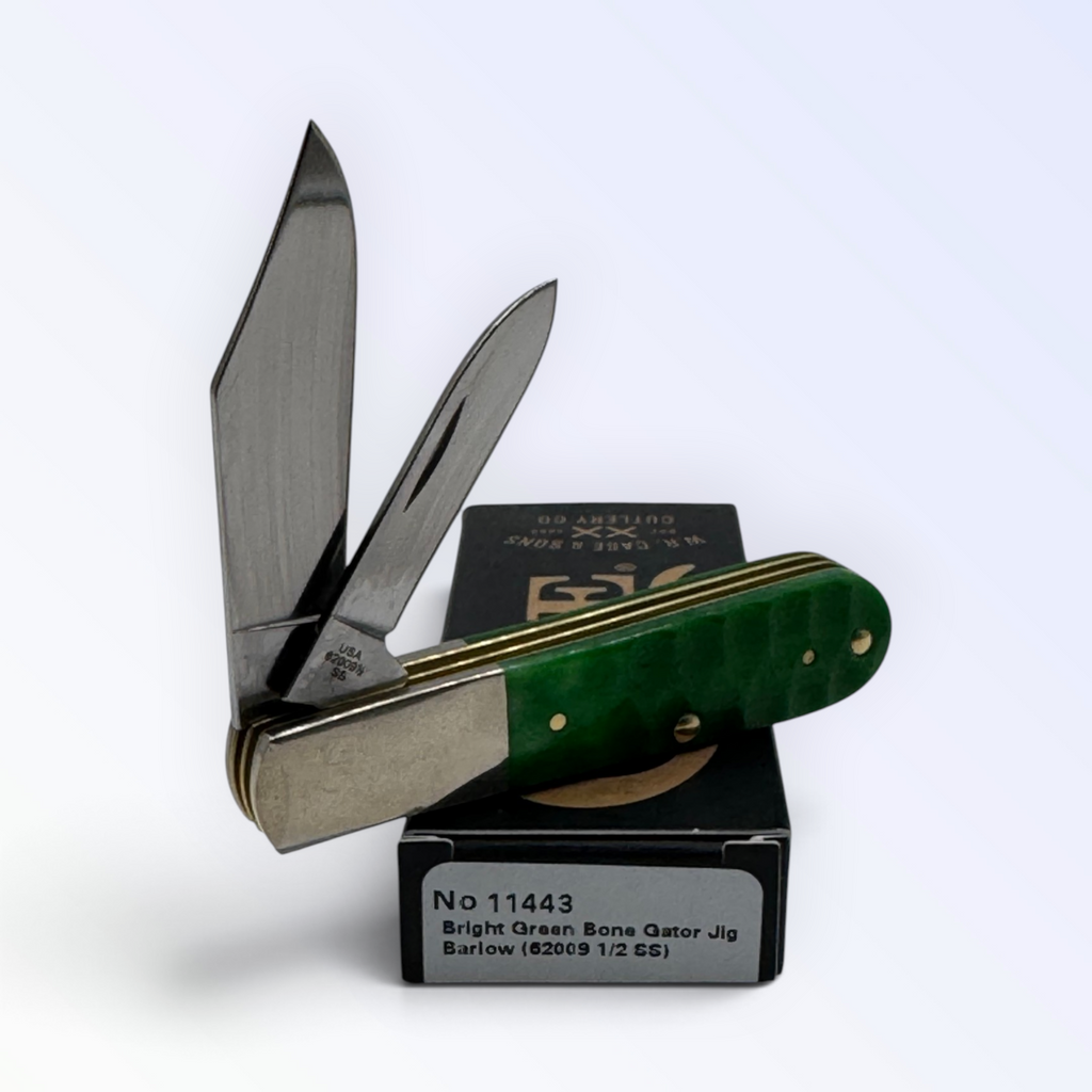 Catalog 11443 Case XX Barlow — bright green bone gator jig, close view of handle texture with blades open on box