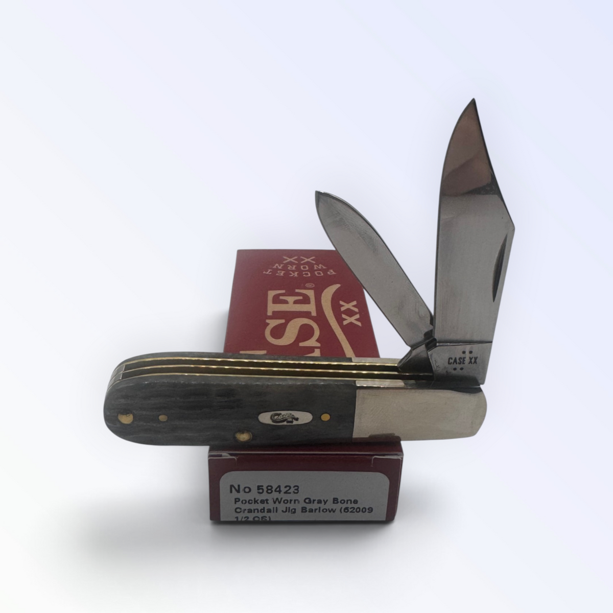 Case XX Barlow (58423) with Pocket Worn Gray Bone Crandall Jig; classic closed side profile on packaging