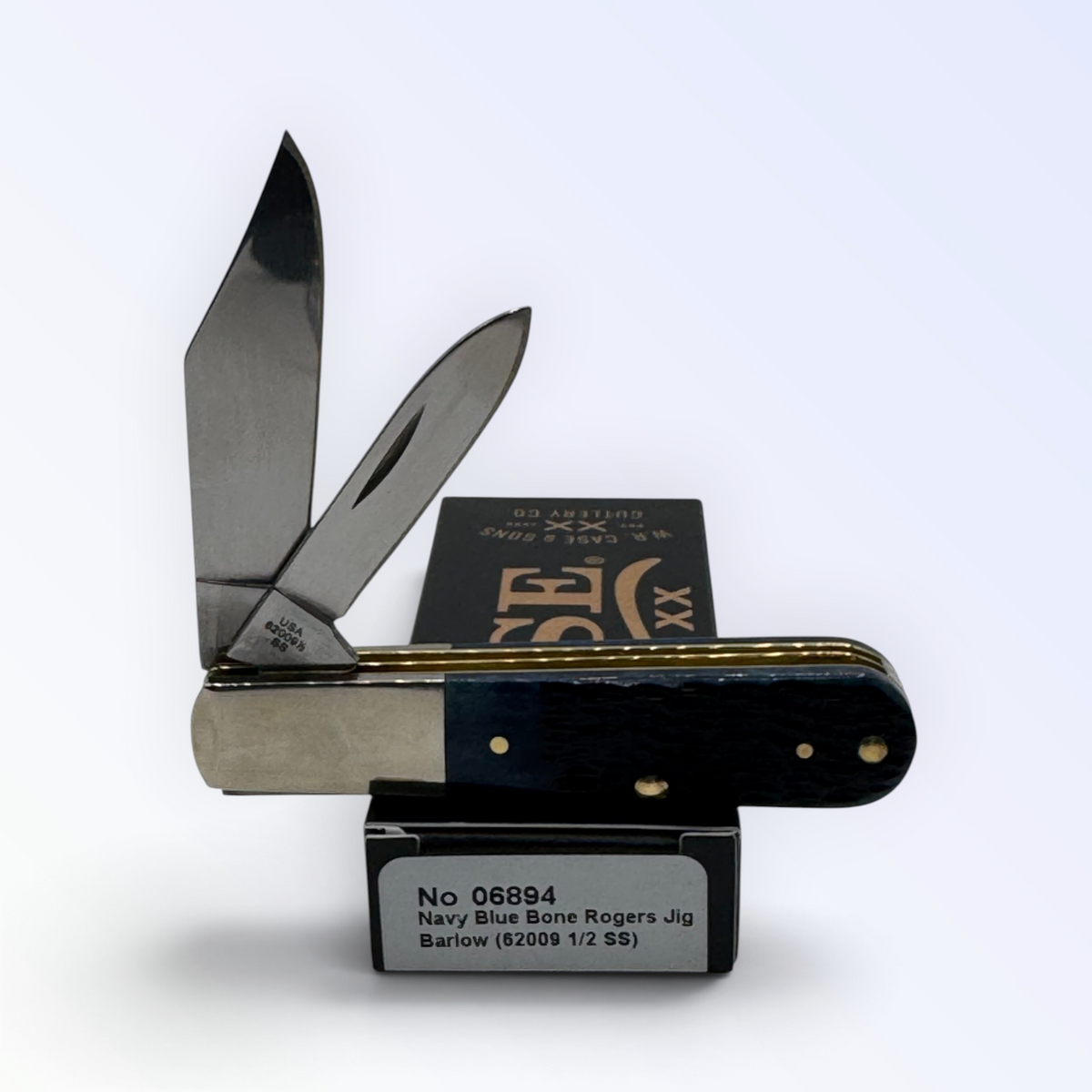 Pigeon Roost Knives Case XX Barlow pocket knife with navy blue jigged bone handle and two stainless steel blades.