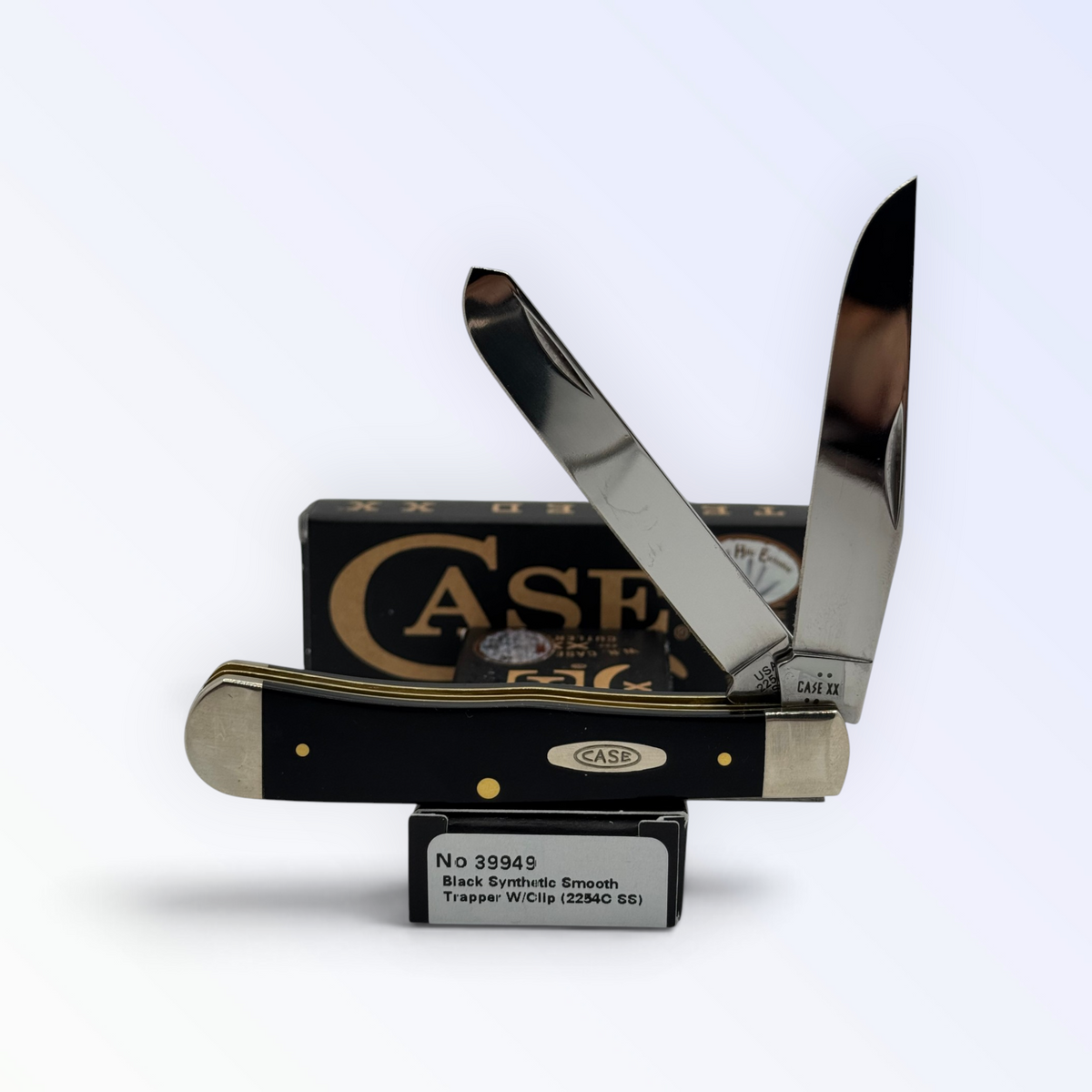 Case XX 39949 black synthetic Trapper with pocket clip — clip and spey open on Case XX box