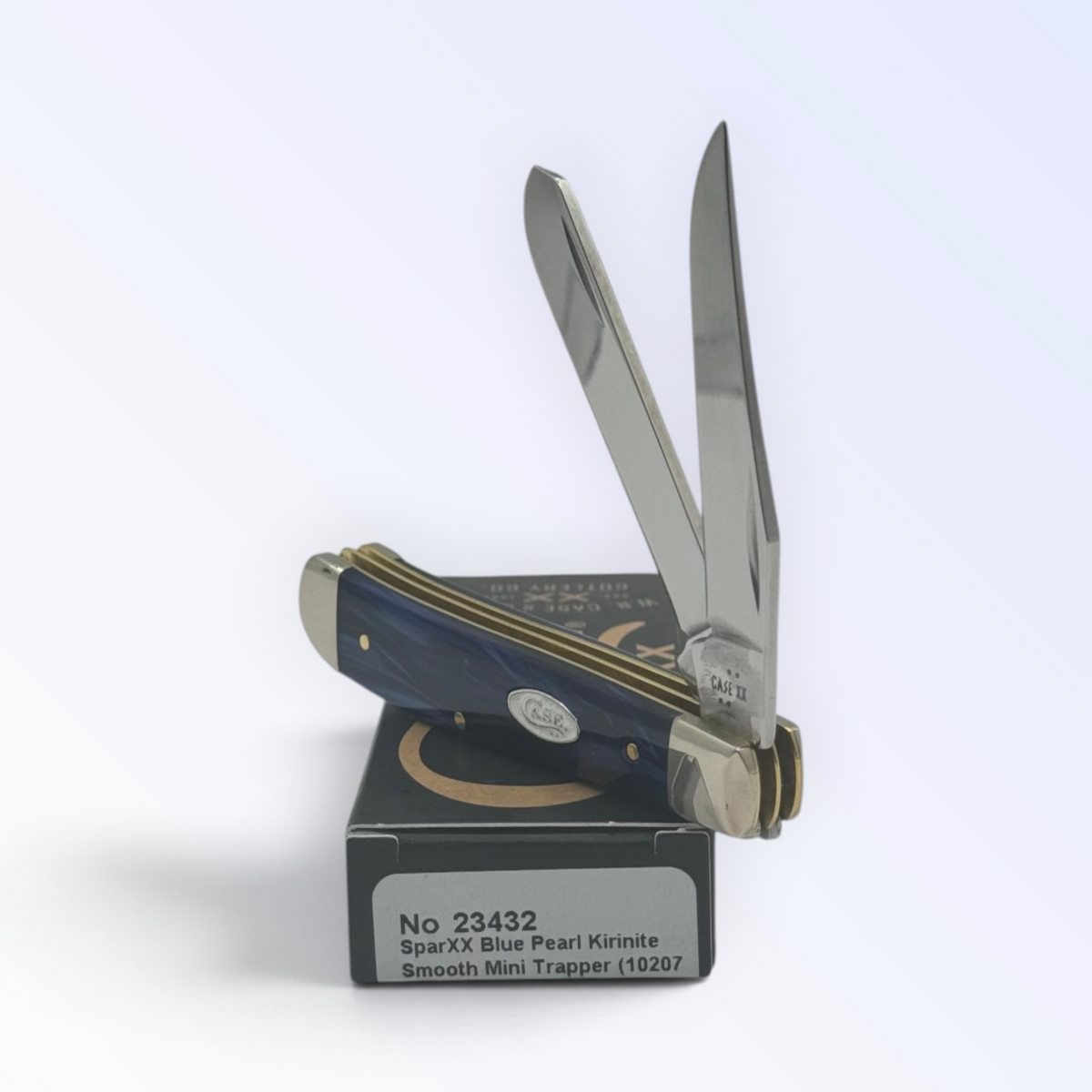 Case XX 23432 Blue Pearl Kirinite Mini Trapper — angled open view on Case XX packaging