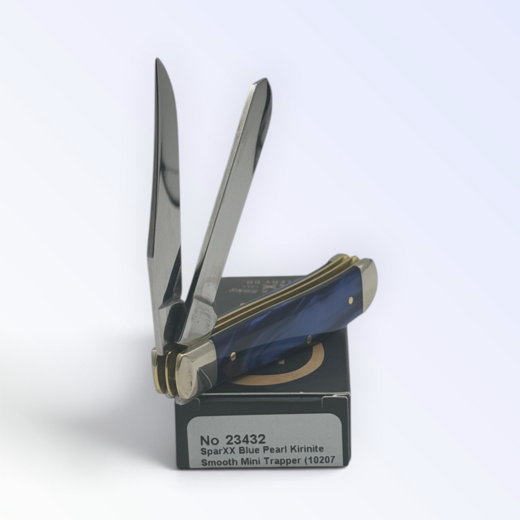 Case XX Blue Pearl Kirinite Mini Trapper (23432) — pocket-knife studio shot on retail box