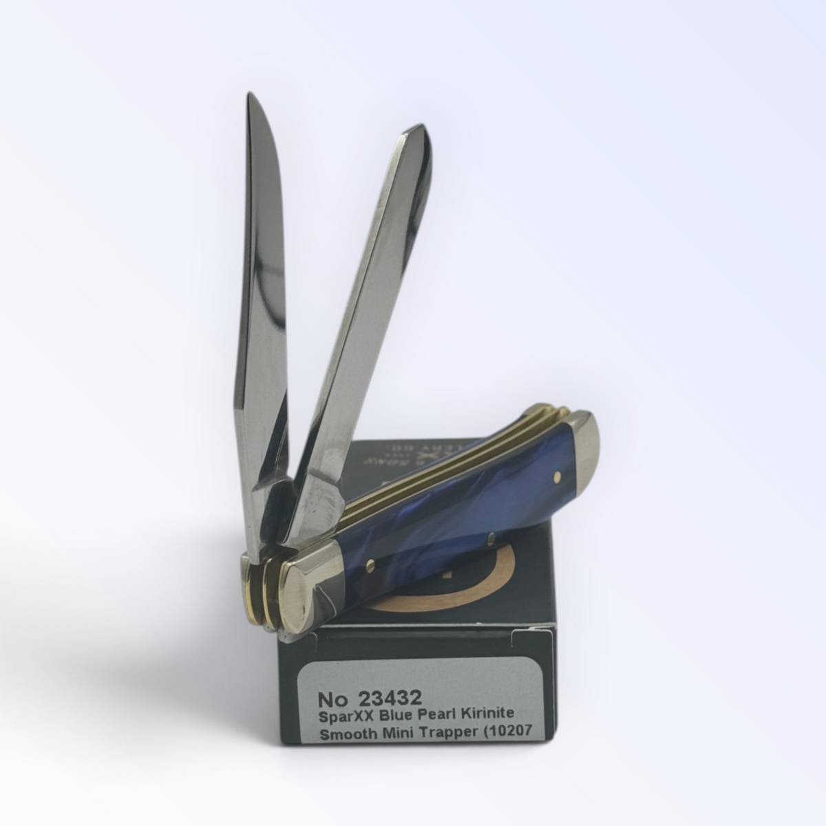 Case XX Blue Pearl Kirinite Mini Trapper (23432) — pocket-knife studio shot on retail box