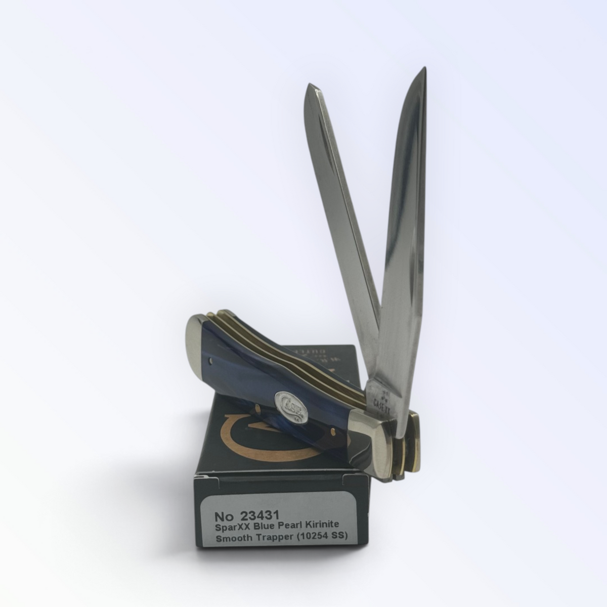 Case XX 23431 Blue Pearl Kirinite Trapper — angled open view on Case XX packaging