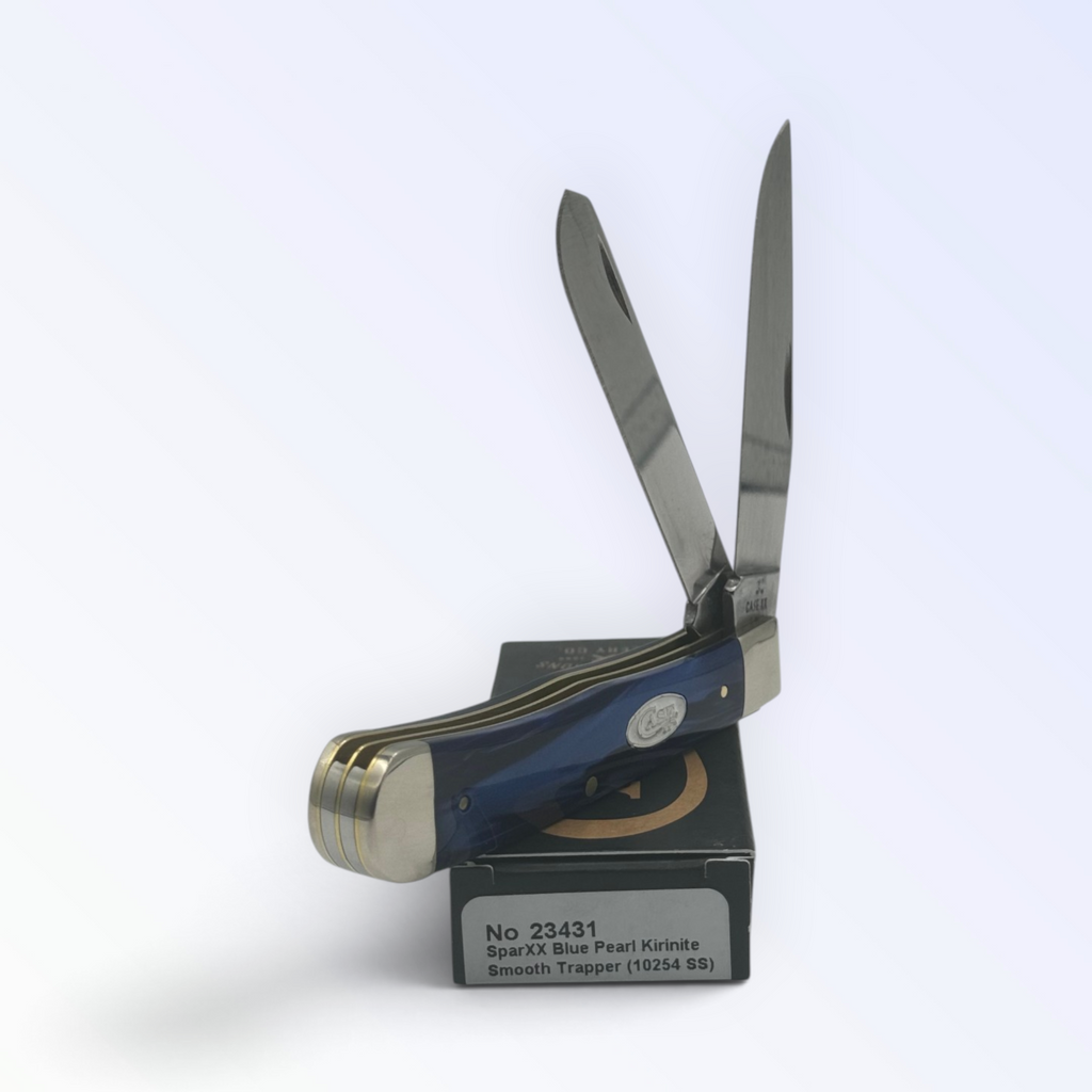 Case XX Blue Pearl Kirinite Trapper, SKU 23431 — closed profile on the Case XX box