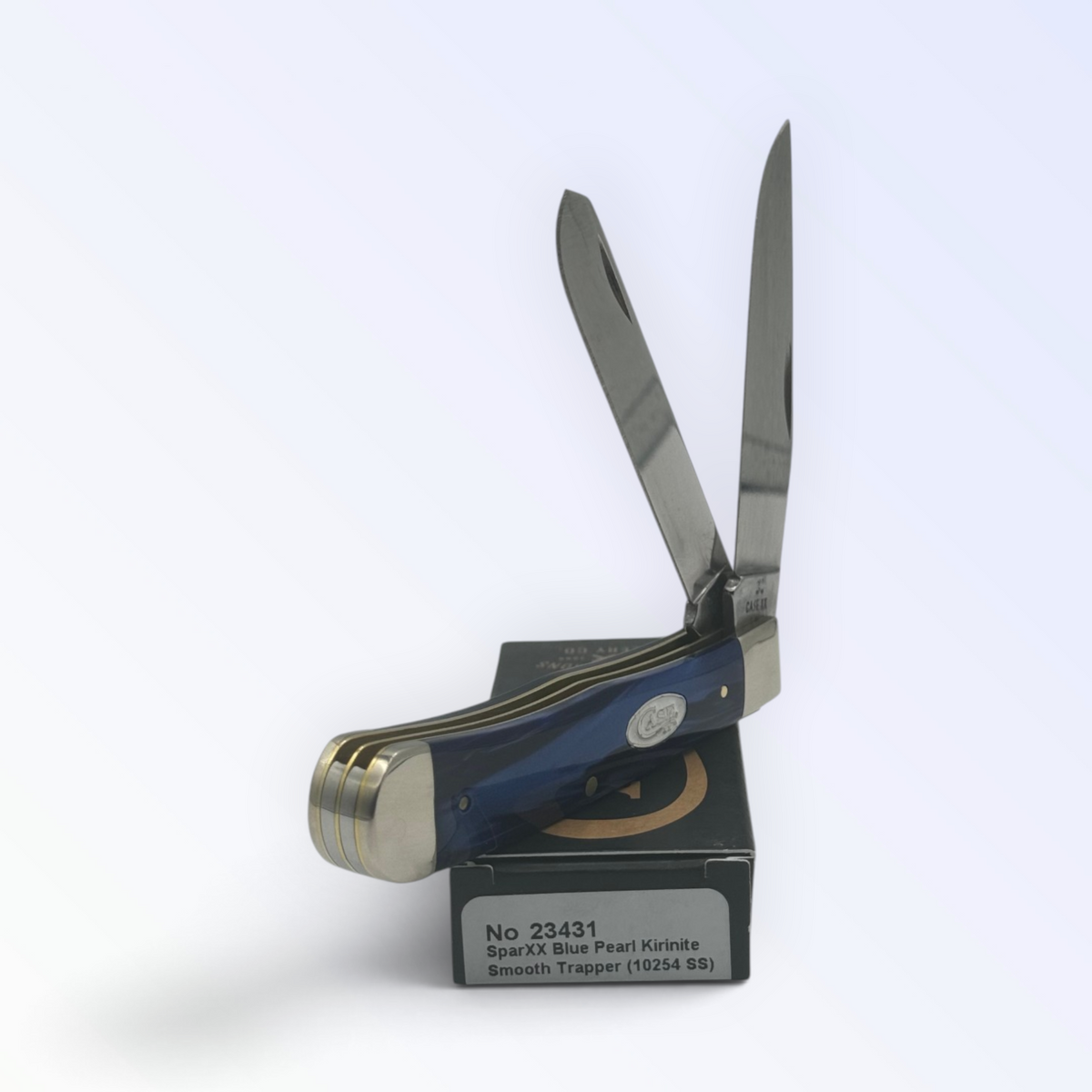 Case XX Blue Pearl Kirinite Trapper, SKU 23431 — closed profile on the Case XX box