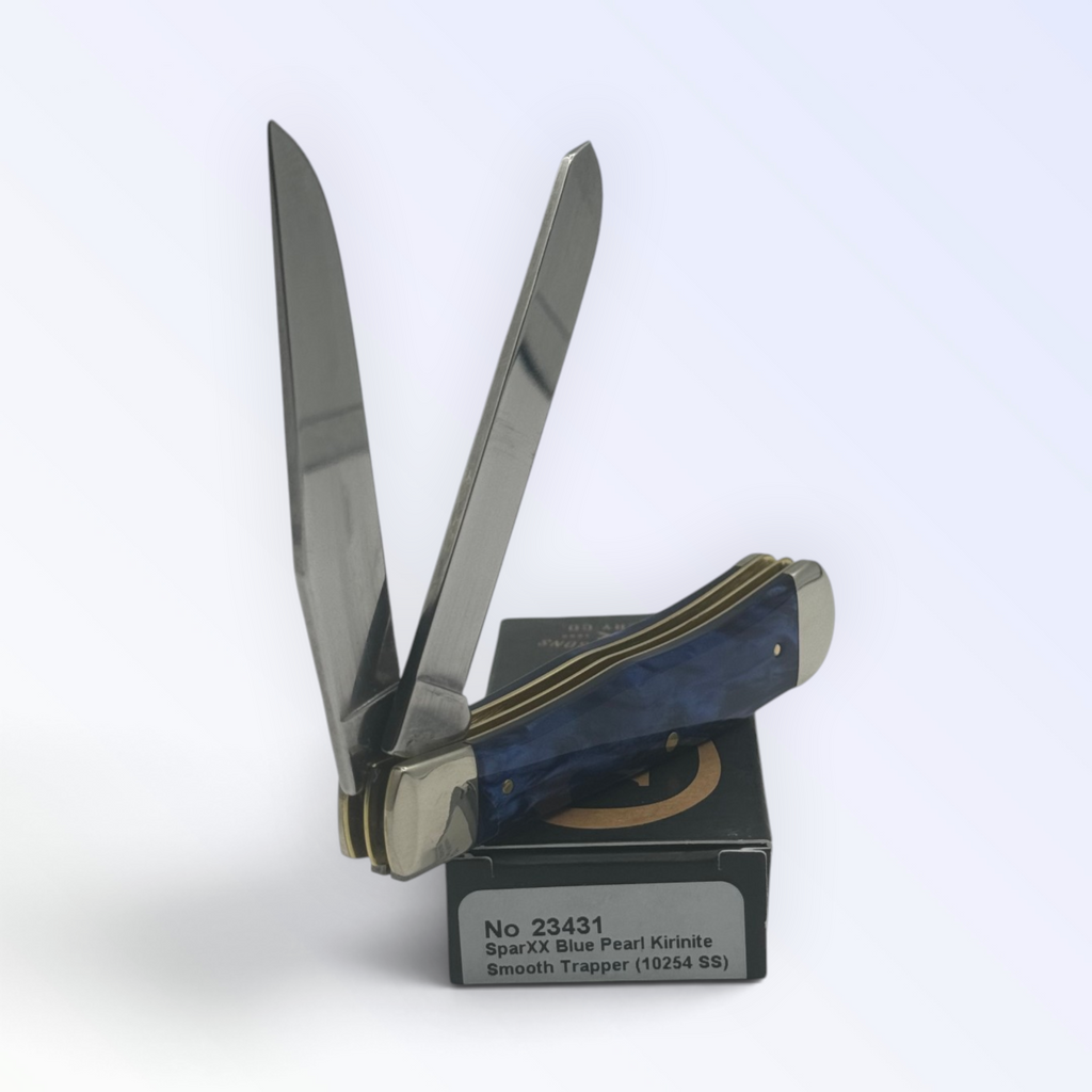 Case XX Blue Pearl Kirinite Trapper (23431) — pocket-knife studio shot on retail box