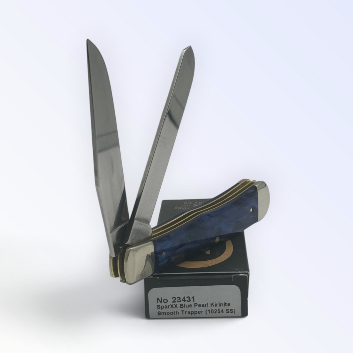 Case XX Blue Pearl Kirinite Trapper (23431) — pocket-knife studio shot on retail box