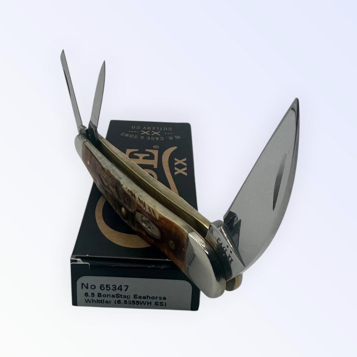 Pigeon Roost Knives Case XX 6.5 BoneStag Seahorse Whittler pocket knife with three stainless steel blades open