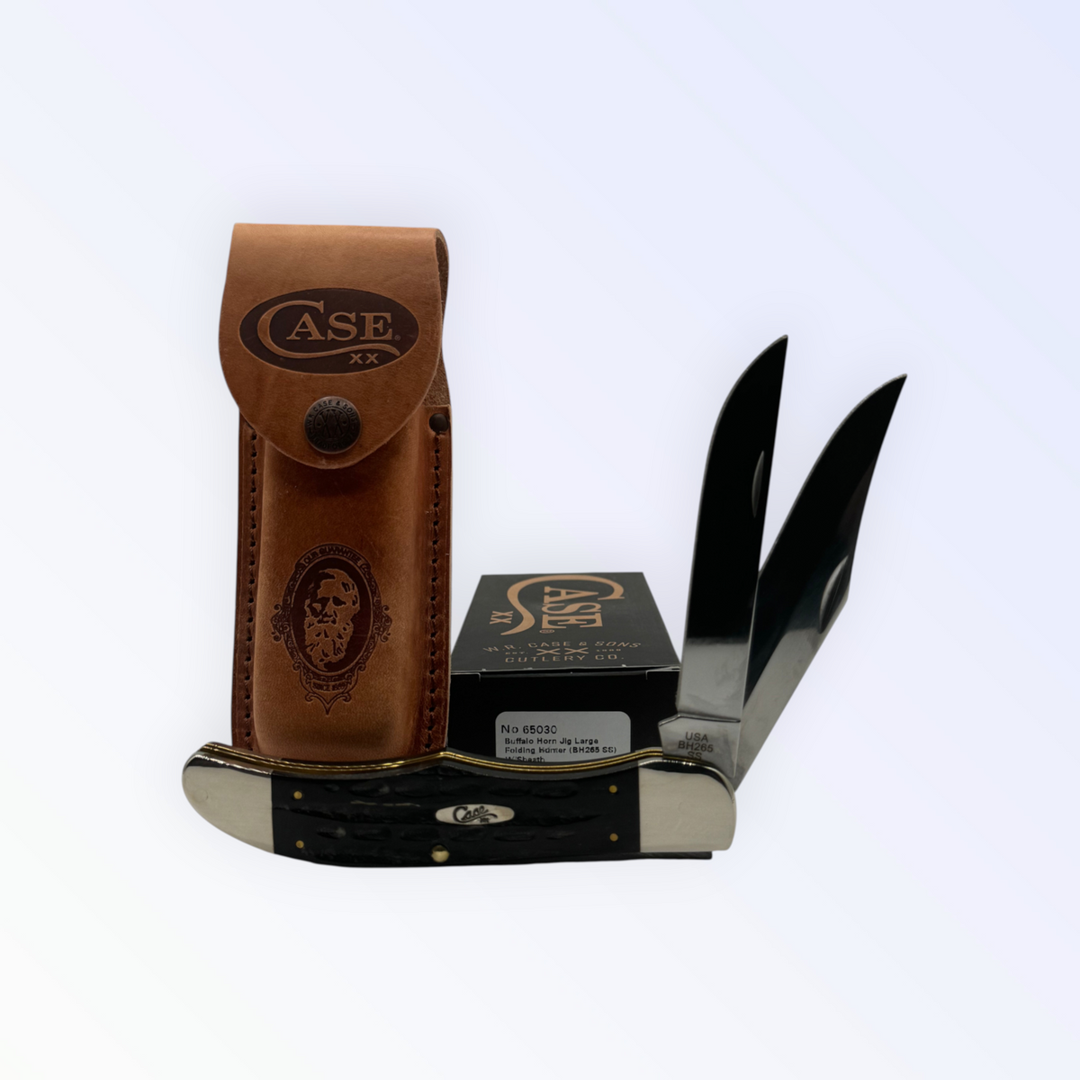 Pigeon Roost Knives Case XX Folding Hunter knife with jigged buffalo horn handle, two blades, and leather sheath.