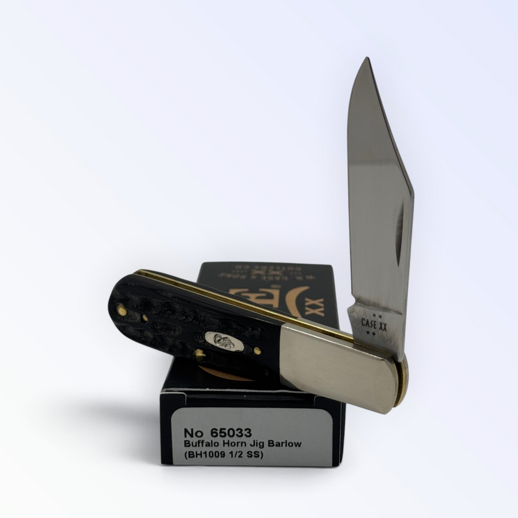 Case XX 65033 Buffalo Horn Jig Barlow — angled open view on Case XX packaging