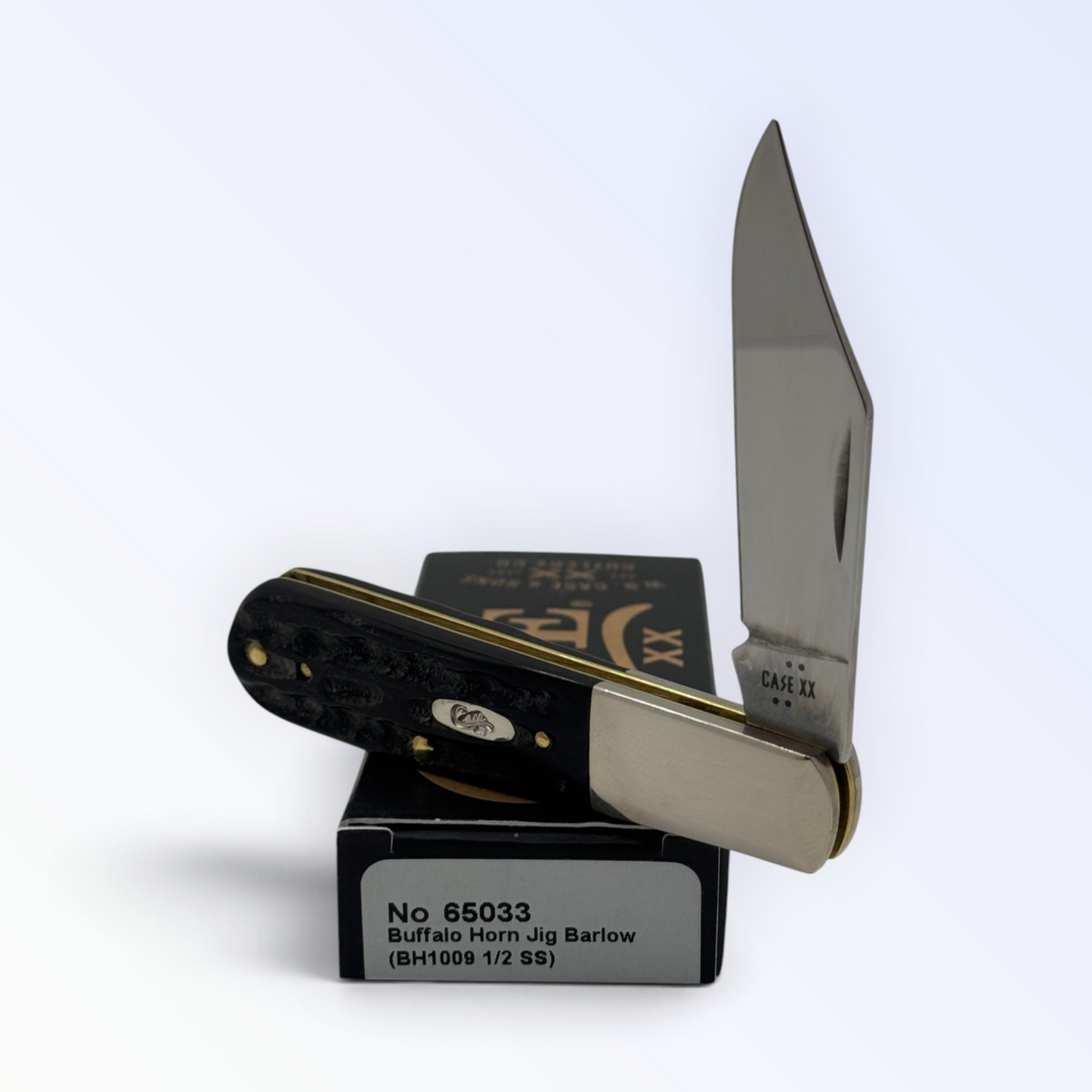 Case XX 65033 Buffalo Horn Jig Barlow — angled open view on Case XX packaging