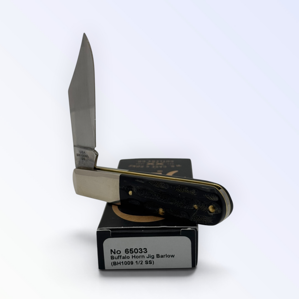 Catalog CA65033 Case XX Buffalo Horn Jig Barlow — open blade with USA tang stamp on retail box