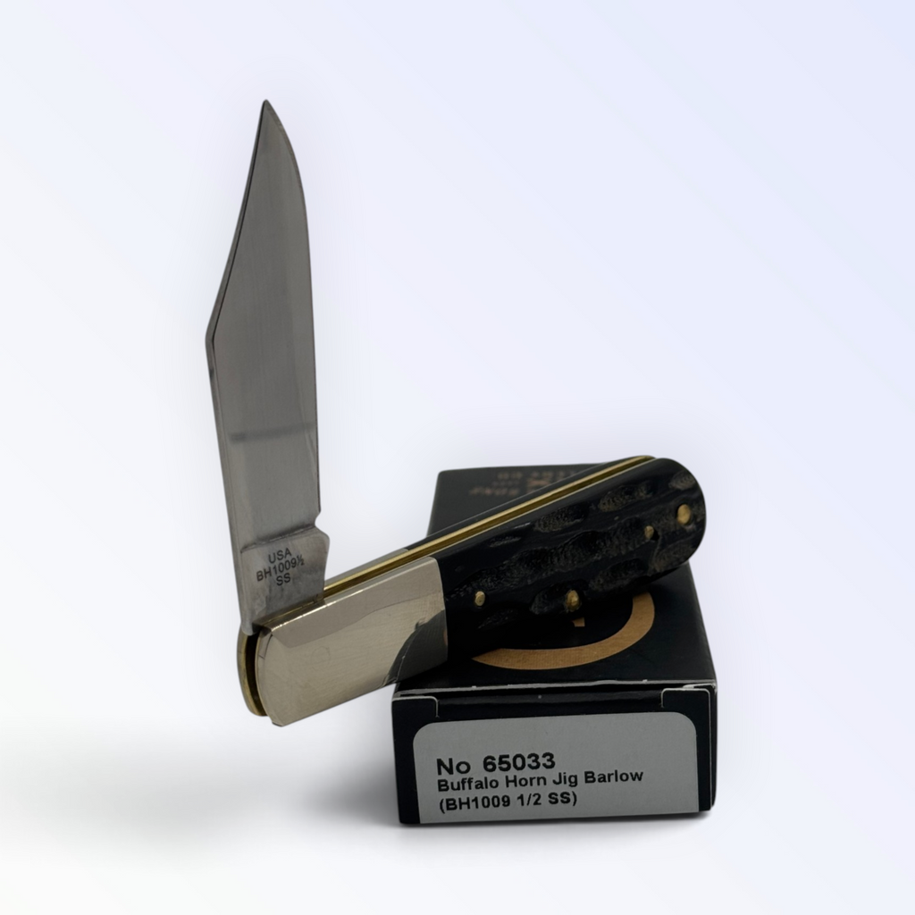 Case XX Buffalo Horn Jig Barlow (CA65033) — pocket-knife studio shot on factory box with No 65033 label