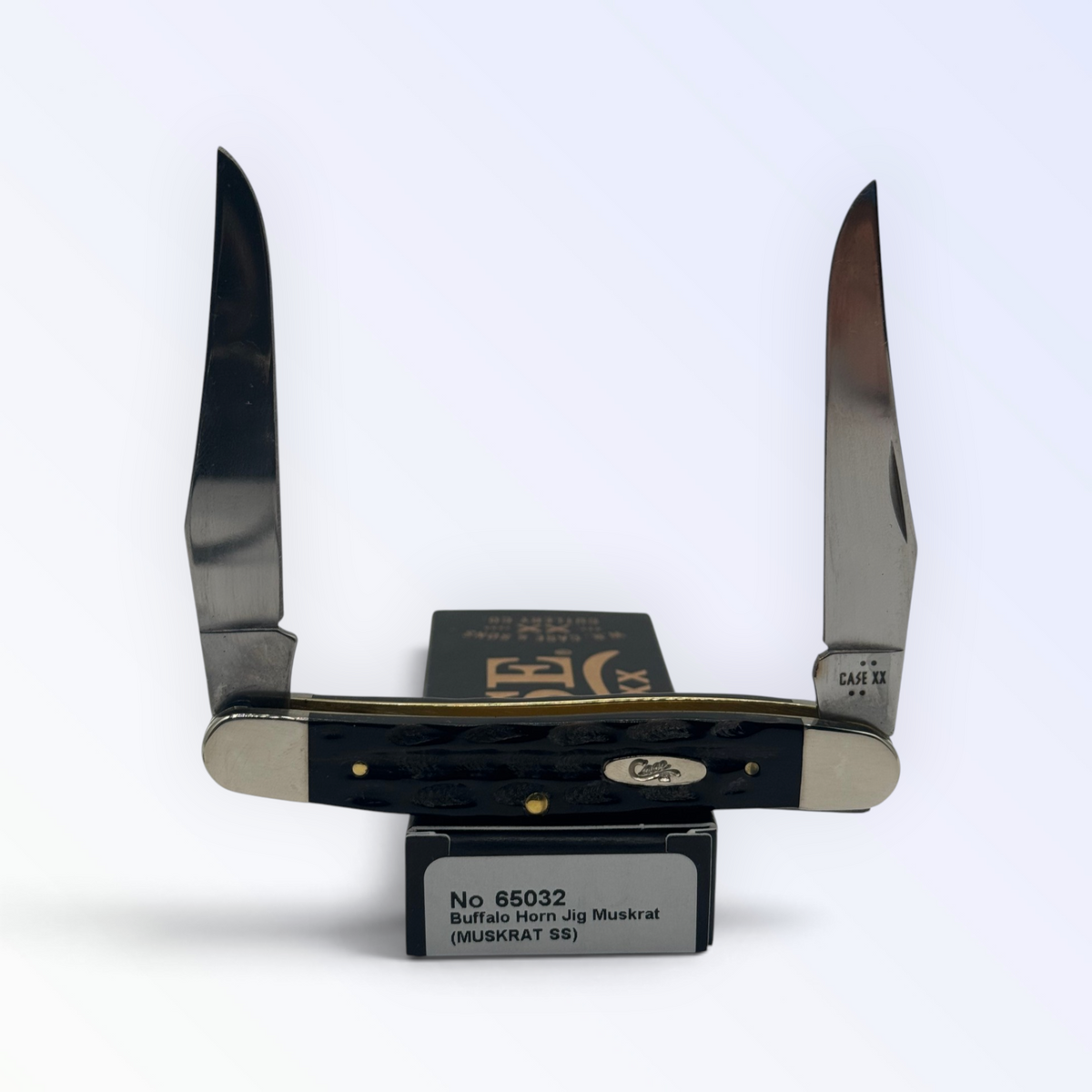 Case XX – Buffalo Horn Jig Muskrat with SKU 65032 — blades open resting on the factory box