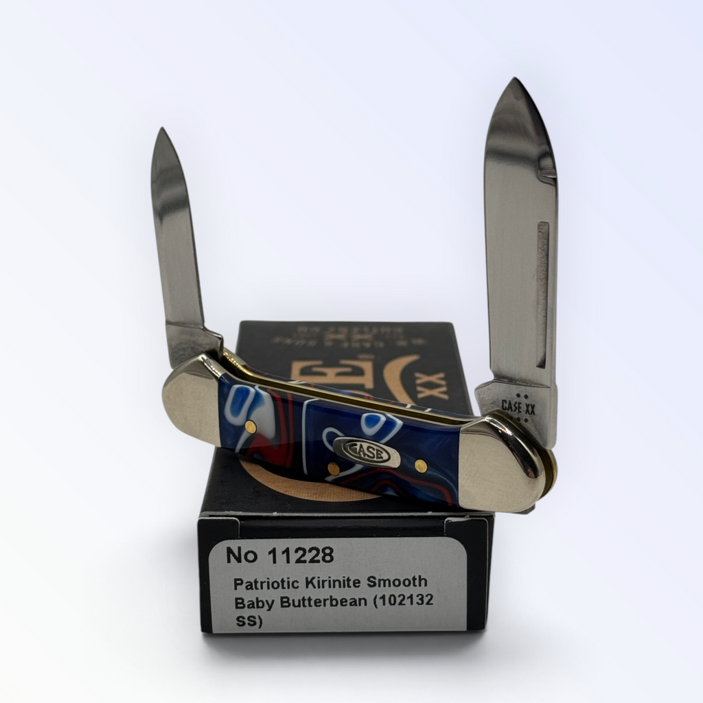 Case XX 11228 Butterbean in Patriotic Kirinite — angled open view on Case XX packaging