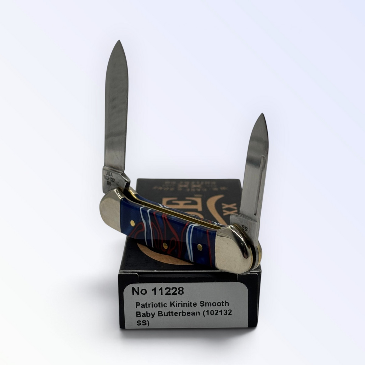 Case XX Butterbean 11228: Patriotic Kirinite, open on box with end label facing forward