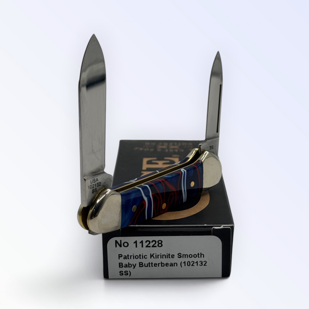 Catalog 11228 Case XX Butterbean — Patriotic Kirinite, close view of handle texture with blades open on box