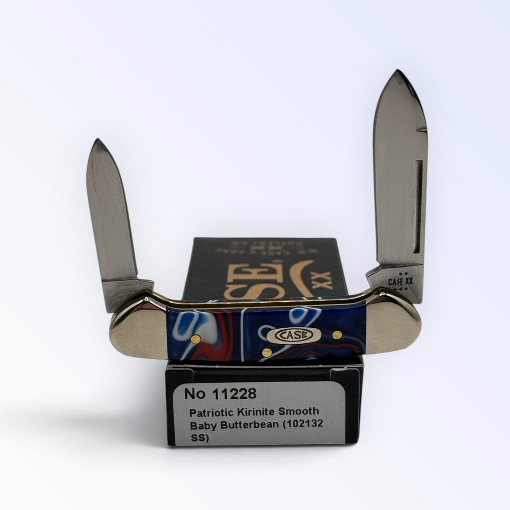 Case XX Butterbean with Patriotic Kirinite and spear and pen blades, SKU 11228 — blades open resting on the factory box