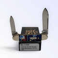 Case XX Butterbean with Patriotic Kirinite and spear and pen blades, SKU 11228 — blades open resting on the factory box