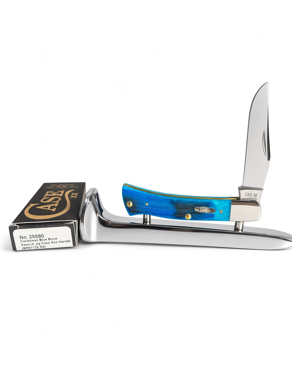 Case XX 25580 Case Axe Handle, Caribbean Blue Bone Sawcut Jig handles — open on box with end label visible