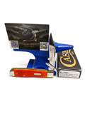 Catalog 13363 Case XX Cheetah Cub — Tequila Sunrise Bone Barnboard Jig, knife displayed atop the Case box