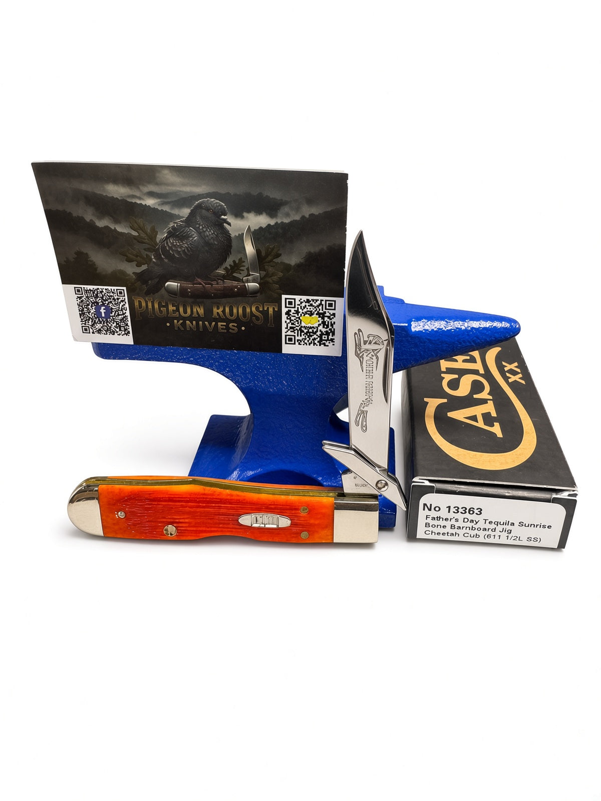 Catalog 13363 Case XX Cheetah Cub — Tequila Sunrise Bone Barnboard Jig, knife displayed atop the Case box