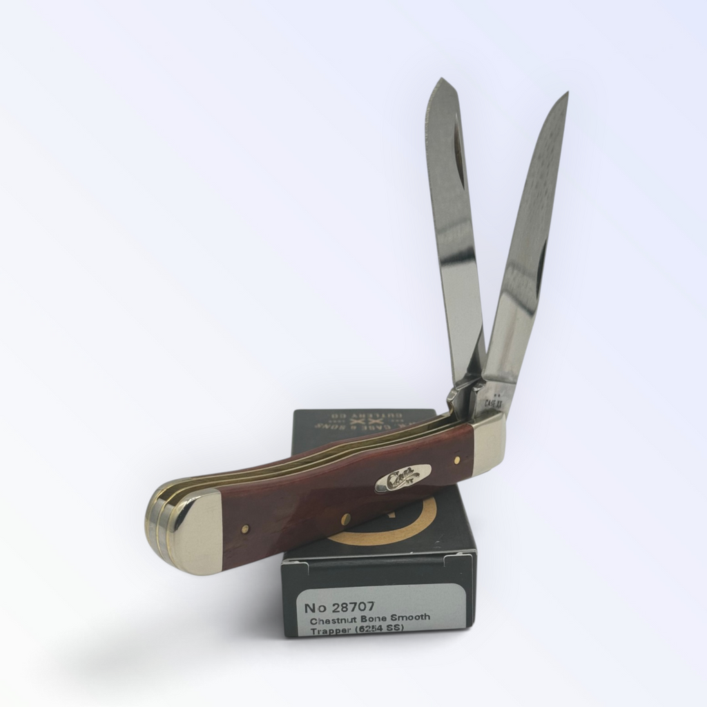 Case XX Chestnut Bone Trapper, SKU 28707 — closed profile on the Case XX box