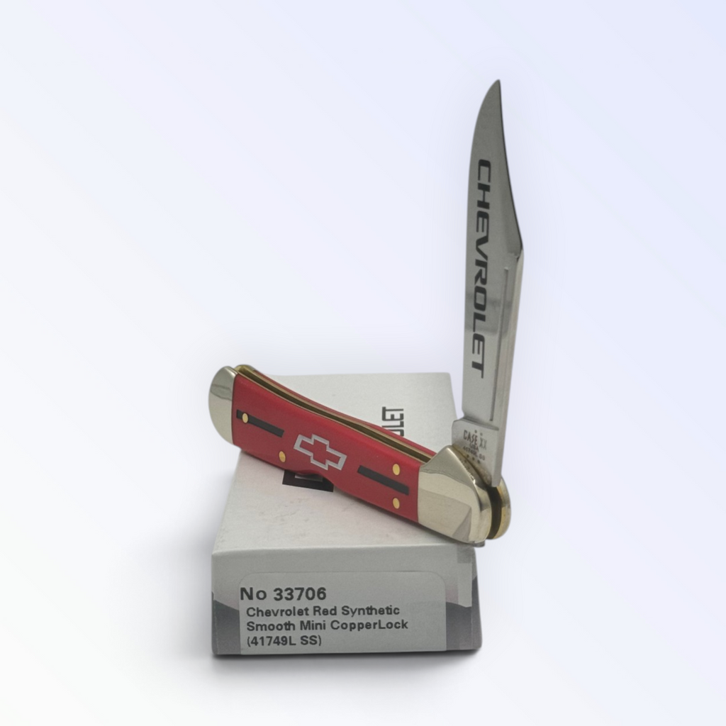 Case XX 33706 Chevrolet Red Synthetic Mini Copperlock — angled open view on Case XX packaging