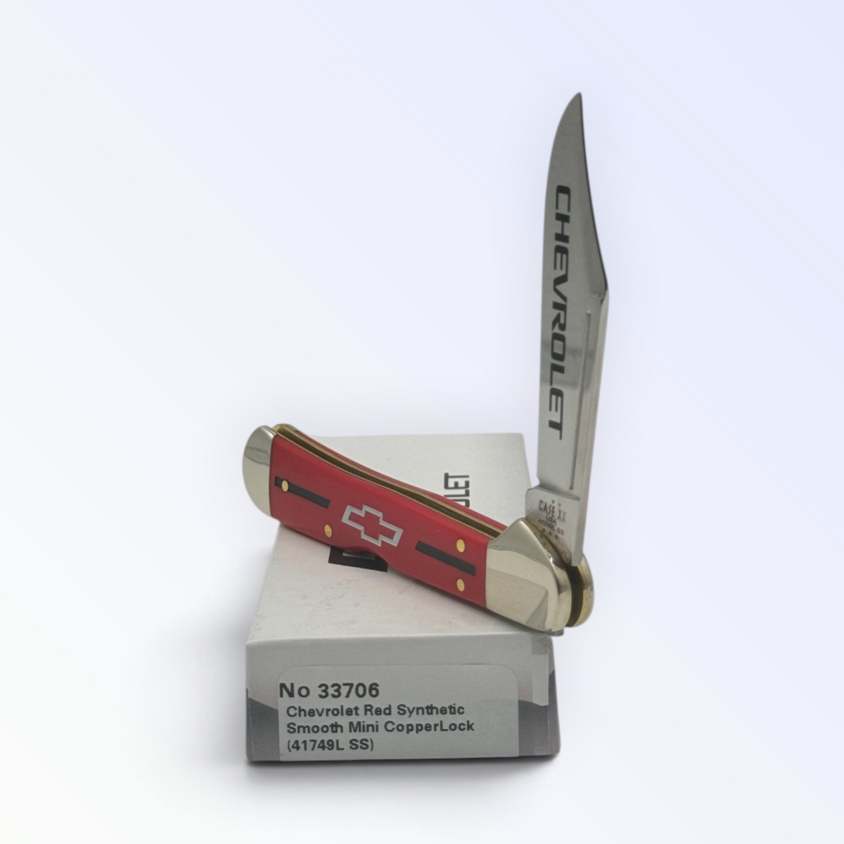 Case XX 33706 Chevrolet Red Synthetic Mini Copperlock — angled open view on Case XX packaging