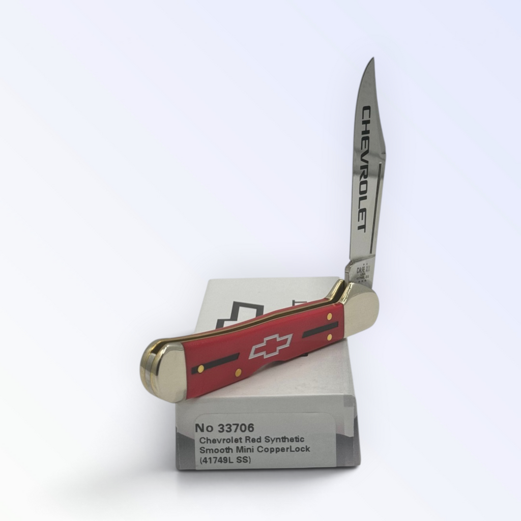 Case XX Chevrolet Red Synthetic Mini Copperlock, SKU 33706 — closed profile on the Case XX box