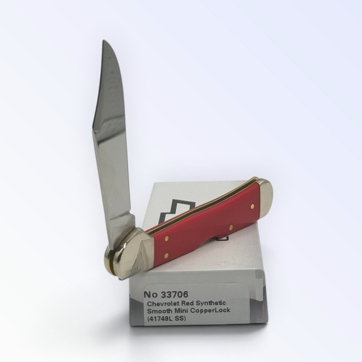 Case XX Chevrolet Red Synthetic Mini Copperlock (33706) — pocket-knife studio shot on retail box
