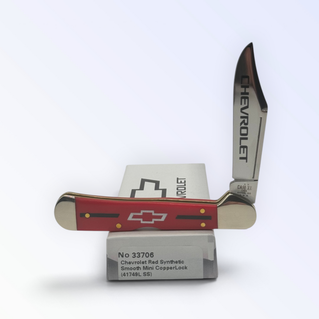 Case XX Chevrolet Red Synthetic Mini Copperlock with SKU 33706 — blades open resting on the factory box
