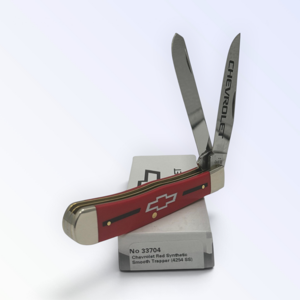 Case XX 33704 Chevrolet Red Synthetic Trapper — angled open view on Case XX packaging