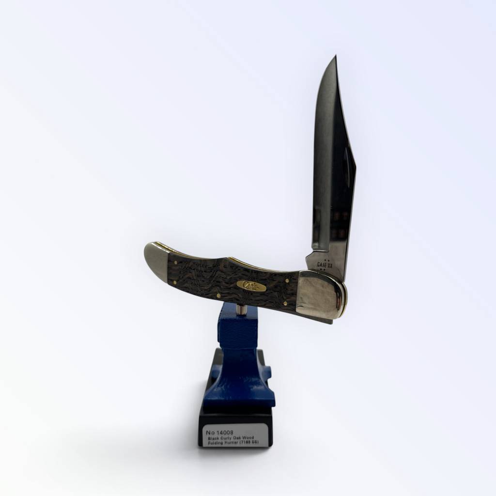 Case XX 14008 Folding Hunter in smooth black curly oak — angled open view on Case XX packaging