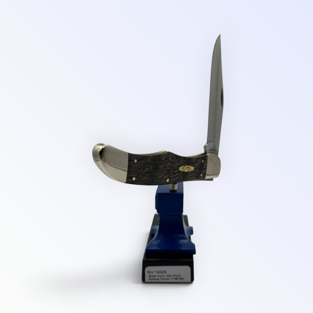Folding Hunter by Case XX in smooth black curly oak (14008), three-quarter open shot showing handle and blades