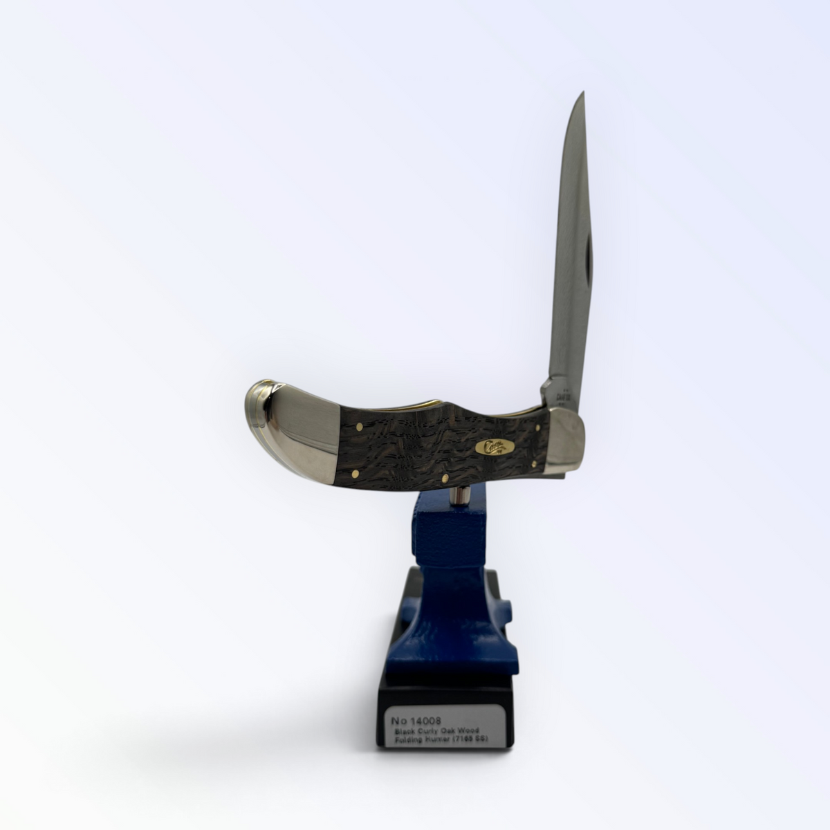 Folding Hunter by Case XX in smooth black curly oak (14008), three-quarter open shot showing handle and blades